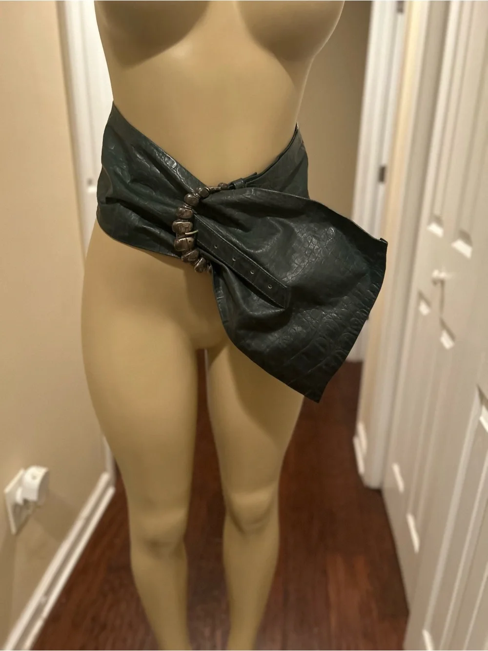Extremely Wide vintage Green genuine Leather Waist Belt with Metal Ring Buckle